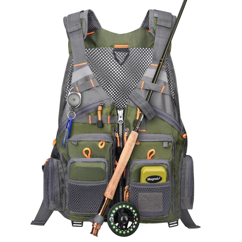 جونيكس سترة صيد السمك من Gonex للرجال والنساء، سترة صيد مريحة وقابلة للتعديل مع خطوط عاكسة متعددة الجيوب، أخضر + رمادي - Image 1